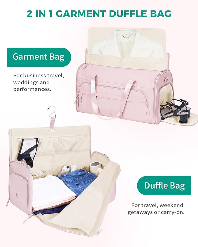 WANDF Convertible Garment Bags for Travel with Wet Pocket Carry on Garment Duffle Bag 2 in 1 Puffy Hanging Clothes Travel Bags with Shoe Compartment for Airplanes Business Weekend Gym Wedding (Pink)