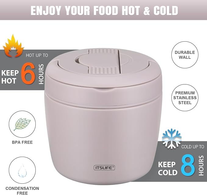 Itslife 32oz Insulated Soup Thermo, Vacuum Stainless Steel Food Jar for Hot & Cold Food, Leakproof Wide Mouth Lunch Container with Spoon, Light Purple