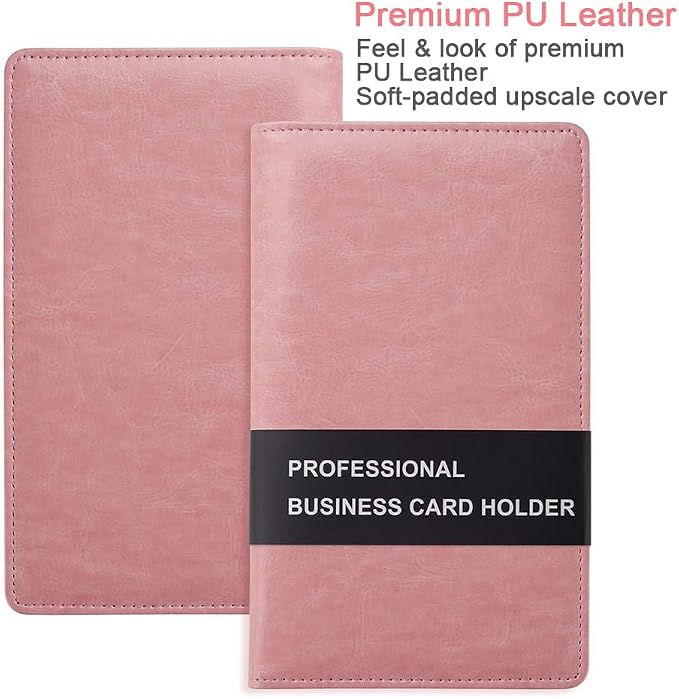 Sooez Leather Professional Business Card Book Holder Organizer, 240 Capacity Credit Card Booklet, PU Name Cards Holder Storage File for Men Women, 7.7"x 4.5" x 0.7", Pink