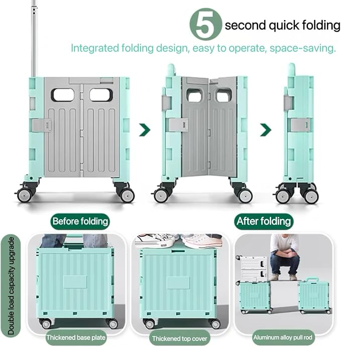 Foldable Utility Cart, Portable Rolling Crate Handcart with 360° Rotating Wheels, Detachable Lid, and Telescoping Handle, Collapsible Shopping Trolley for Travel, Office, Grocery, and Luggage Storage