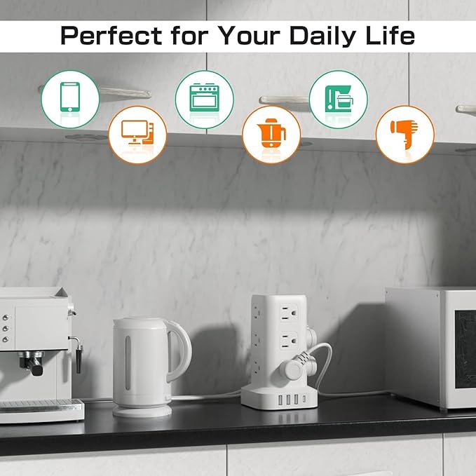 Power Strip with 12 Outlets 4 USB (1 USB C), 16.5Feet Extension Cord with Multiple Outlets, Charging Station, Power Strip Tower, Home Office Desk Supplies