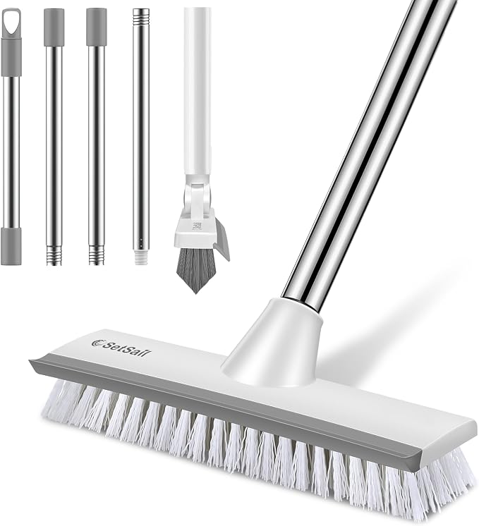 SetSail Floor Scrub Brush and Grout Brush with 51-Inch Long Adjustable Handle 2 in 1 Scrape Brush Stiff Bristle Floor Scrubber for Cleaning Shower Bathroom Garage Kitchen Deck Tub Tile, Grey White