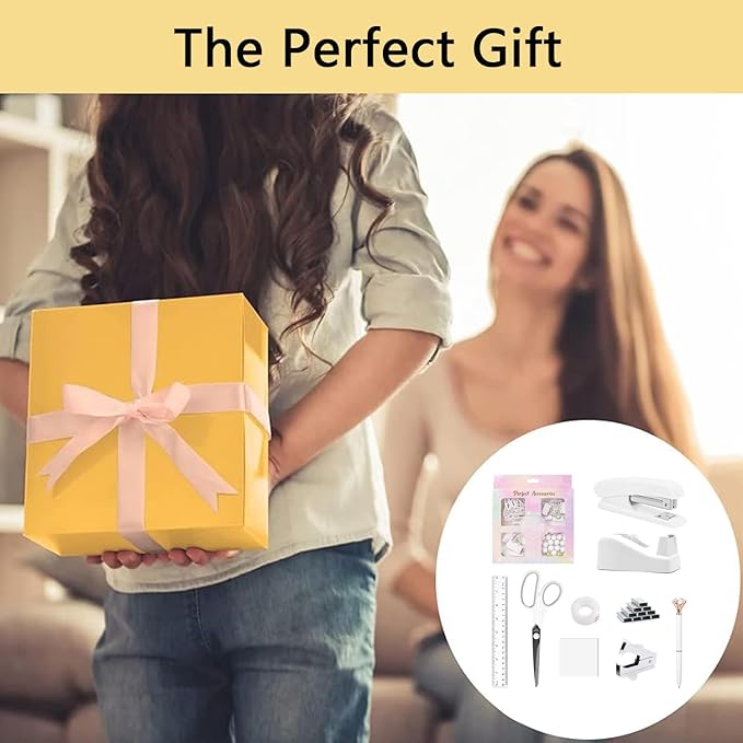 suniya Office Supplies,Desk Accessories,Tape Holder,Stapler,Scissor,Staple Remover,Box of Binder Clips,Staples,Ballpoint Pen,Sticky Notes,Clear Tape,Ruler,Office Supplies Set(White)