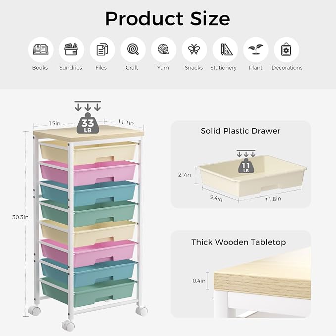 Rolling Cart with 8 Drawers, Plastic Drawer Storage Carts with Wheels & Wooden Tabletop, Metal Utility Cart Organizer for Bedroom Living Room Office Classroom Craft Organization and Storage, Colorful