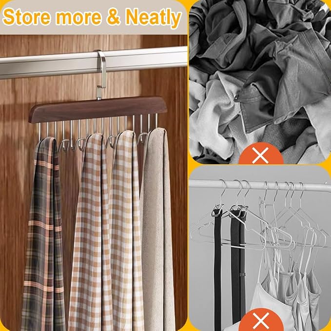 Belt Hanger 3 Pack with 24 Hooks, Sturdy Wooden Non-Slip Belt Holder, Space Saving Closet Organizer, Rotating Display Rack for Bra, Hat, Tank Tops
