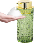 Foaming Soap Dispenser, Bathroom Green Glass Foam Soap Dispenser, Refillable 14 Oz Foam Pump Bottle Container with Gold Pump, Decorative Dish Soap Dispenser for Kitchen