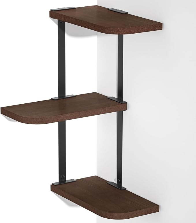 Love-KANKEI Corner Wall Shelf 3 Tier,Solid Wood with Bracket,17"Tall,Walnut | Floating Wall Shelves,Easy to Install,Capacity 26 Lbs,For Bedroom Living Room Bathroom Kitchen Office Display,Wall Decor