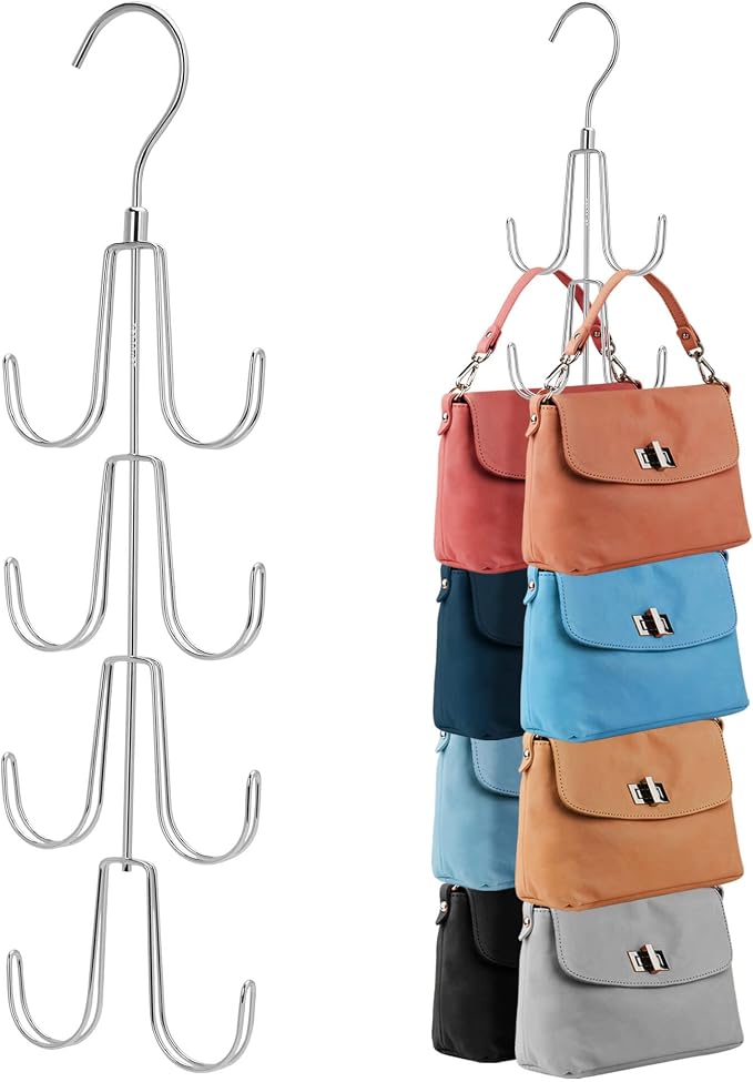 ZEDODIER Purse Organizer for Closet, Rotatable Purse Hanger Bag Holder, Max 8 Storage Capacity Backpack Rack, Metal Space Saving Hanger, Silver