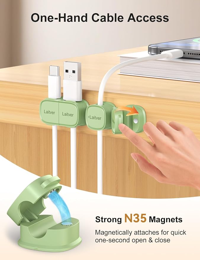 6 Pack Magnetic Cable Clips [1s Open/Lock], Cord Organizer Holder | Strong Adhesive Desk Cable Management- Organize Charging Cords Neatly for Home, Office, Car,Desk, Nightstand-Cyan