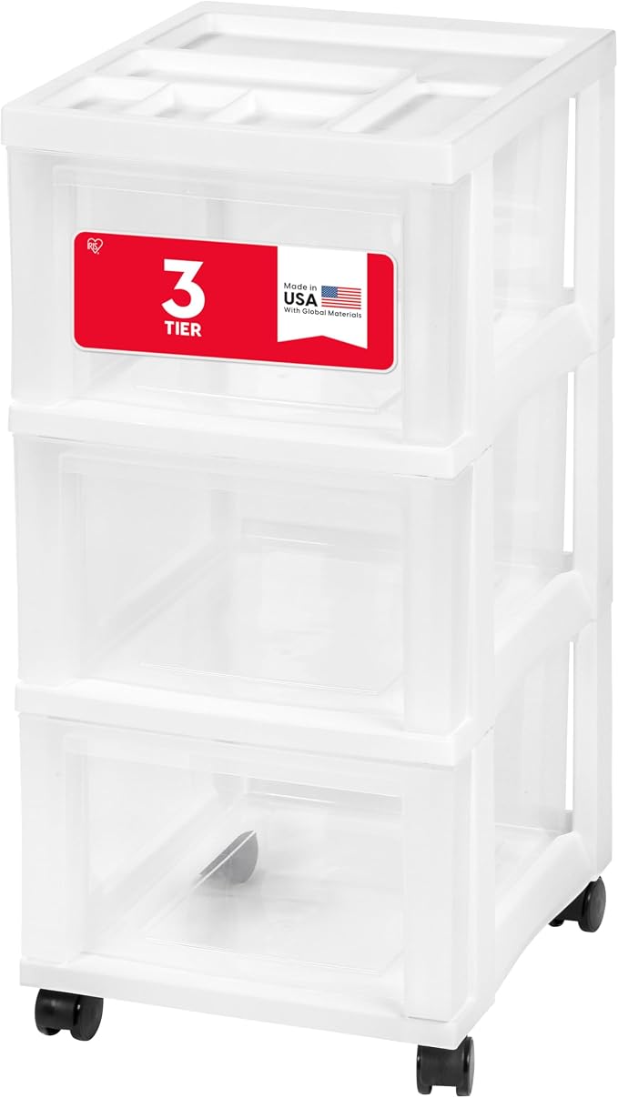 IRIS USA 3-Drawer Rolling Storage Cart, White/Clear | Keep craft supplies, office essentials, classroom items, and accessories organized with easy-access drawers for daily use