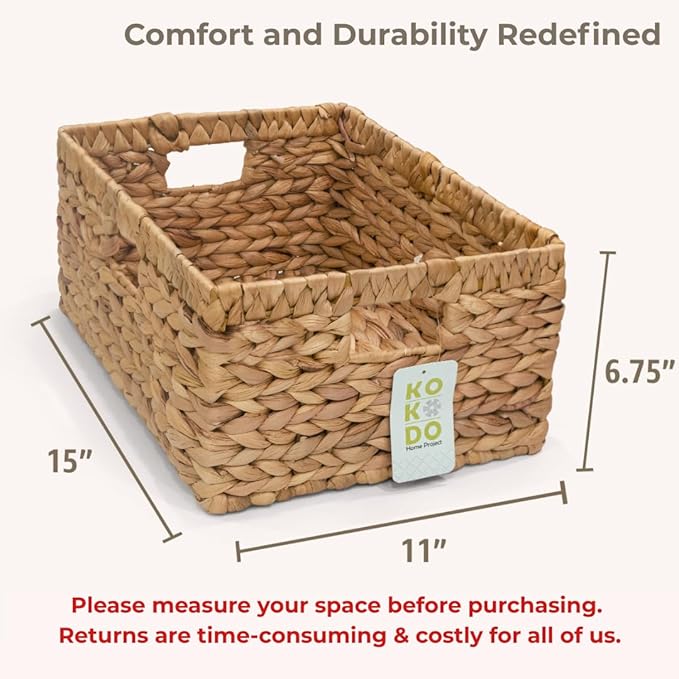KOKODO 15”L x 11”W Large Rectangular Water Hyacinth Wicker Storage Basket with Handles, Metal Frame and Chalkboard Label, Handwoven Bin for Space-Saving Room Organization