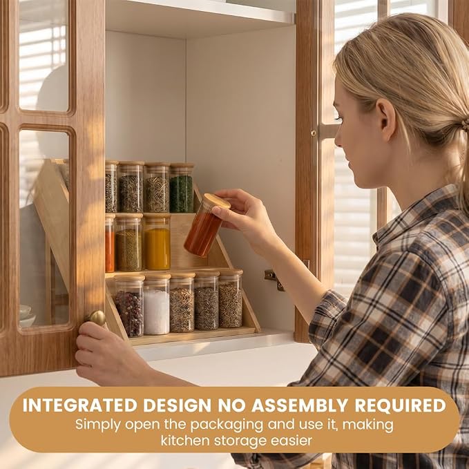 Wooden Spice Rack, Foldable 3 Tier Spice Rack Organizer for Cabinet - Seasoning Rack Use for Kitchen, Countertops, Cabinet Drawer or Pantry (Rack Only)