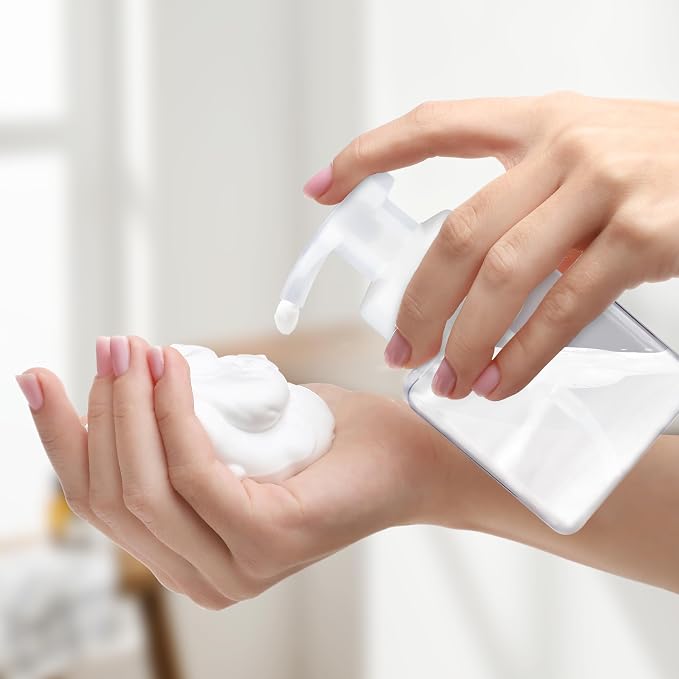 250ML Foaming Soap Dispenser, 2-Pack Plastic Hand Soap Dispenser, Refillable Leakproof Foam Pump Bottle with Waterproof Labels, for Shampoo, Body Wash