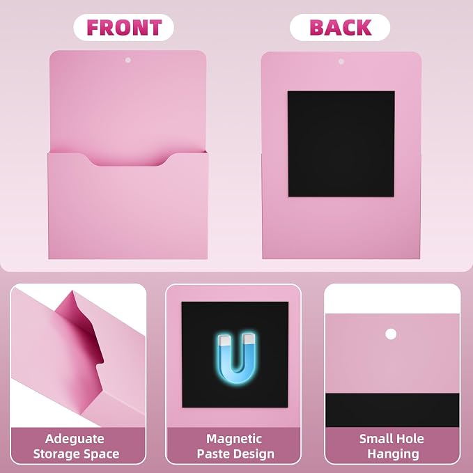 Magnetic File Holder - Magnetic Paper Holder, Pocket Organizer Office Supplies Storage Mail Organizer for Notebooks,Planners,Letter (Pink)