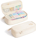 Four Candies Large Pencil Case, 5 Compartments Pen Organizer, Big Capacity Canvas Pencil Pouch Bag for School Supplies, Portable Stationery Holder for Teen Girls, Women (White)