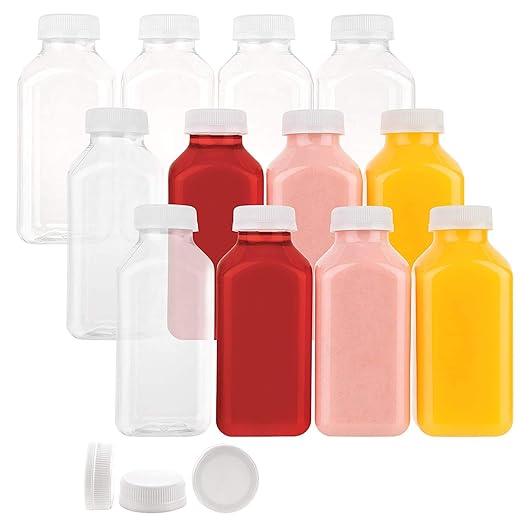 Disposable Juice Container with Caps, 12 Oz Reusable, Clear & Empty Smoothie Bottle For Grab & Go Drink & Juicing Journey, 12 Pack BPA-Free Plastic Water Bottles, Handy, Leak-Proof Beverage Containers