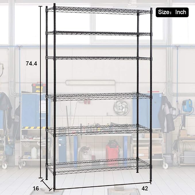 PayLessHere | 6-Tier Wire Shelf | 42"x16"x72" | Black | Adjustable Racks | Heavy-Duty Storage Shelves, Holds Upto 1500 lbs | Rust-Resistant, No-Tool Assembly | for Home, Garage Shelving