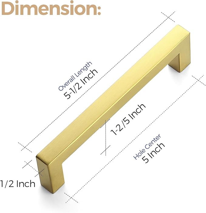 Ravinte Brushed Brass Square Cabinet Handles Drawer Pulls,5 Inch,10 Pack | Screws Included, Stainless Steel, Square Bar Grip, Easy Install, Kitchen Cabinet Hardware, For Cupboards, Drawers, Dressers