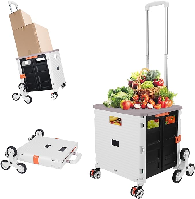 FELICON SELORSS Folding Utility Cart Portable Rolling Crate Handcart with Stair Climbing Wheels&360°Swivel Wheels Telescoping Handle Plastic Box Dolly for Travel Shop Move Office Teacher Use(White)