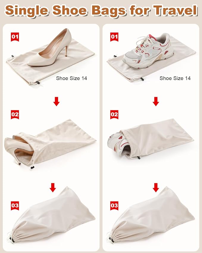 2 Pcs Single Shoe Bags for Travel, Dust Velvet Bags, Beige, 17.3x8.6 Inch | Washable & Reusable Travel Shoe Bags, Dustproof Shoe Bags with Drawstring Closure, Suitable for Travel, Home Storage
