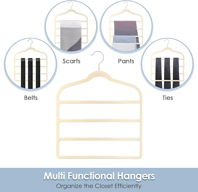 Velvet Hangers Space Saving Non Slip Pant Velvet Hangers, DUDUCOFU 4 Pack Beige Multi Layer Clothes Hangers Closet Organizer for Pants Trousers Scarf