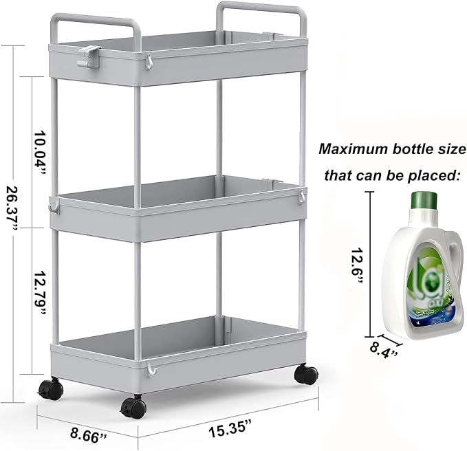 SOLEJAZZ 3 Tier Slim Rolling Storage Cart Organizer with Wheels, Gray | Utility cart for bathroom, laundry, bedside, dorm&narrow spaces. Fits craft, nail, makeup, snack, art, diaper&baby essentials