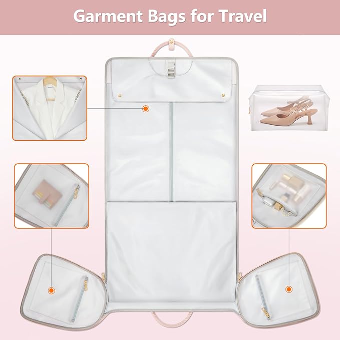 Garment Bags for Travel, Convertible Suit Travel Bag for Women, Fashion & Cute Carry On Garment Bag w/Shoes Pouch, 2 in 1 Foldable PU Leather Hanging Duffle Bag, Single-Zipper Design, Pink