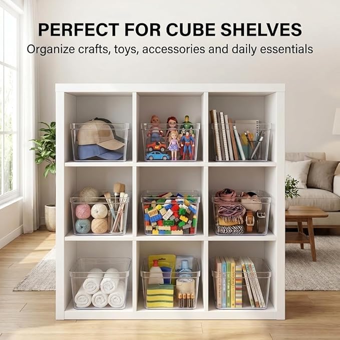 MOONEDGE 6-Pack 10x10x6 Clear Plastic Cube Storage Bins with Handles | Open-Top durable square organizer boxes for closet,pantry,kitchen,fridge,playroom,bathroom,under-sink,vanity organization