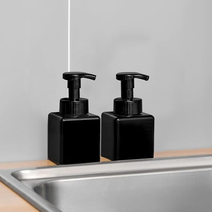 Foaming Soap Dispenser, 9oz Plastic Refillable Pump Bottle, 2 Pack, Black | Hand Dispenser for Liquid Soap, Shampoo & Body Wash – Saves Soap with Rich Foam, Reusable, Easy to Refill, BPA-Free