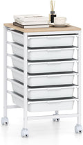 GOFLAME 6-Drawer Rolling Storage Cart, Craft Storage Cart with Wood Tabletop and Lockable Wheels, Art Cart Supply Storage Organizer with Metal Frame for Home Office Classroom, White