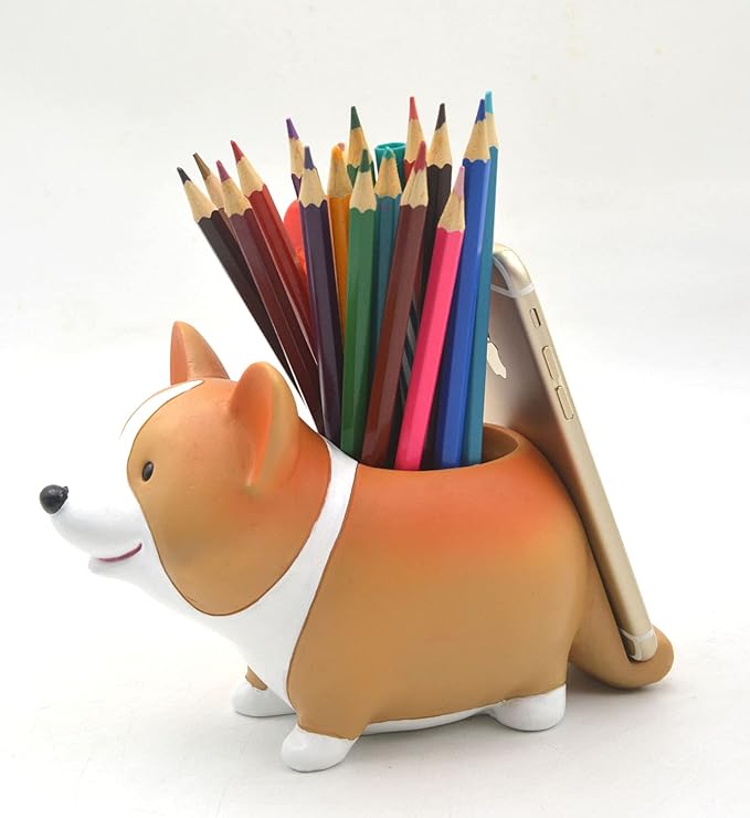 Cute Desk Accessories Corgi Pen Pencil Holder with Phone Stand Home Office School Desk Decor Corgi Gift Art Figurines Home Living Room Aesthetic Floating Shelf Coffee Table Bathroom Counter Decor