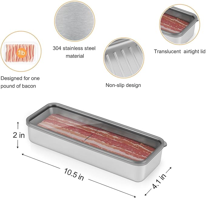 4Pack Bacon Holder for Fridge,Bacon Container for Refrigerator,Deli Meat Box for Refrigerator,304SS Airtight Food Storage Container,Stackable Fridge Organizer with Locking Lid (BPA Free)
