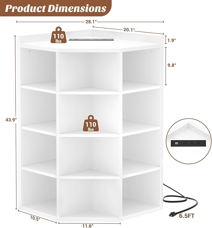 Aheaplus Corner Cube Book Shelf, 5-Tier Corner Cabinet with Power Outlets, Corner Cube Storage Shelf with Top Table, Wooden L Shaped Cubby Bookcase for Home Office, Bedroom, Living Room, White