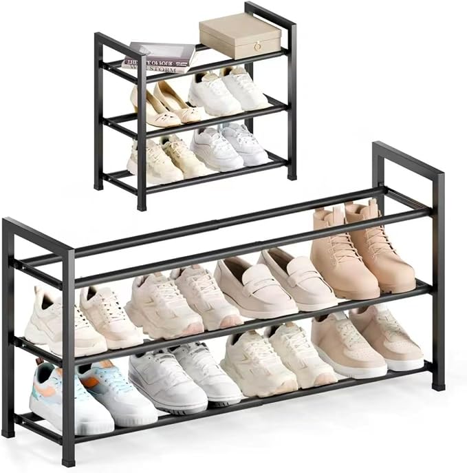 Bumusty 3-Tier Expandable Shoe Rack for Closet, 18“-33” Adjustable Shoe Rack for Small Space, Small Shoe Organizer for Front Door, Sturdy Metal, Black