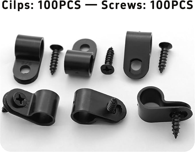 100Pcs R-Type Cable Clips 3/8" Black Nylon Plastic Wire Clamps with Mounting Screws, Cord Fastener Cable Management Organizer for Home Office Electrical Installation
