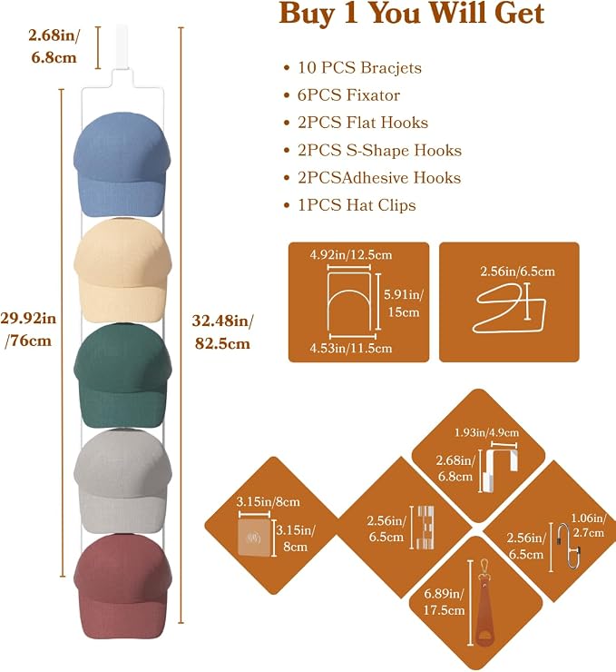 10 Pack Over The Door Hat Organizer for baseball caps | Multi-Functional Baseball Hat Rack for Closet | Wall Mounted Hat s torage organizer | 5 types of accessories cap holder stand w hooks ,White