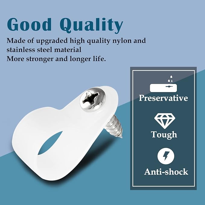 1/2 Inch R-Type Clip Clamp, 100 Pcs | Nylon P-Type Mounting Clips, Cable & Wire Management, Stainless Steel Screws Included