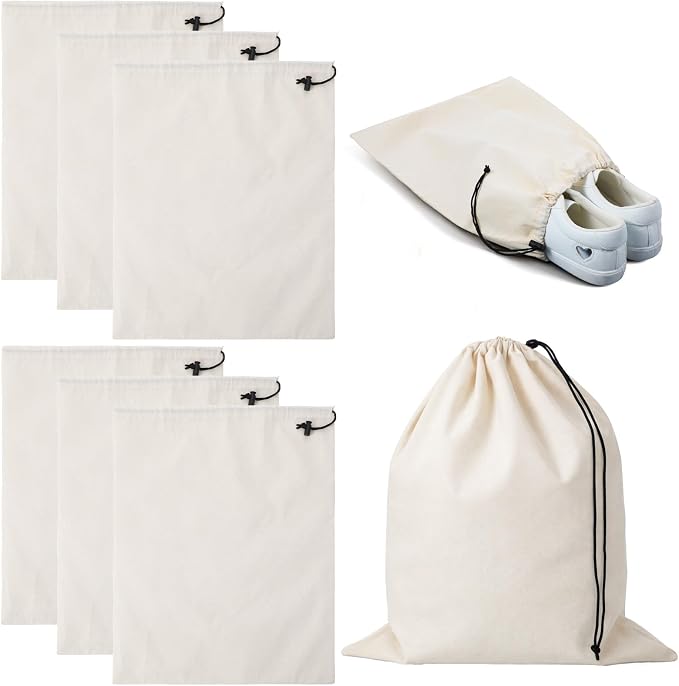 6 Pack Cotton Shoe Bags for Travel & Storage - 17.7"x13.8" Dustproof Drawstring Pouches, Washable & Reusable Cotton Organizers (Beige)