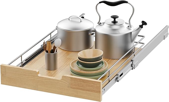 Sikarou Pull Out Cabinet Organizer,Heavy-Duty Slide Out Shelf, Wood And Wire Basket, Pull Out Drawer for for Kitchen Under Sink Space, Pantry, Bathroom (20 * 21 WM)