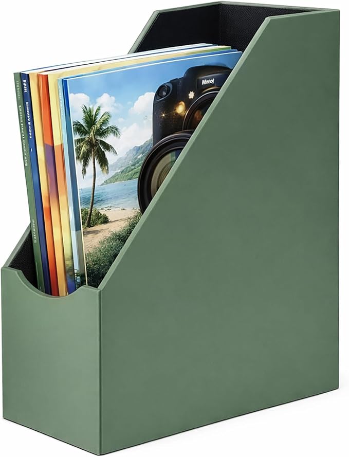 UnionBasic Magazine File Holder, Leatherette Desktop Document Organizer, Home Office Paper Holder File Storage Literature Sorter, Malachite Green