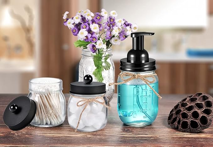 SheeChung Mason Jar Foaming Soap Dispenser-Rustproof Stainless Steel Lid & Foaming Soap Pump, Refill Foam Hand Soap Dispenser Glass for Bathroom Kitchen Vanities, Countertops-Black (1 pk)