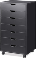 DEVAISE 7-Drawer Office Cabinets, Wood Storage Drawer File Cabinet with Wheels, Black