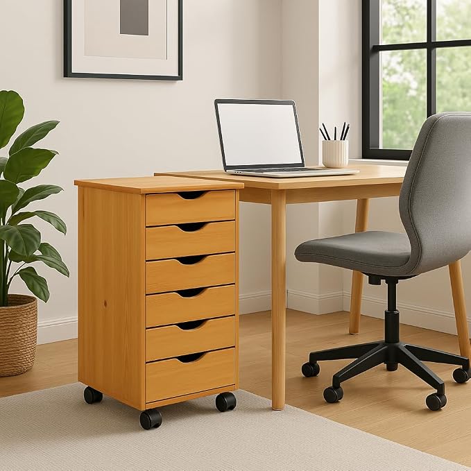 Jela-USA Solid Pine Wood 6 Drawer Rolling Cart, Honey Pine