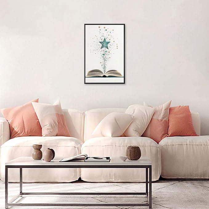 Magical Book Bookish Star Art Aesthetic Poster Canvas Wall Art Decoration Living Room Home Decor Bedroom Decoration Poster black framed12x18inch