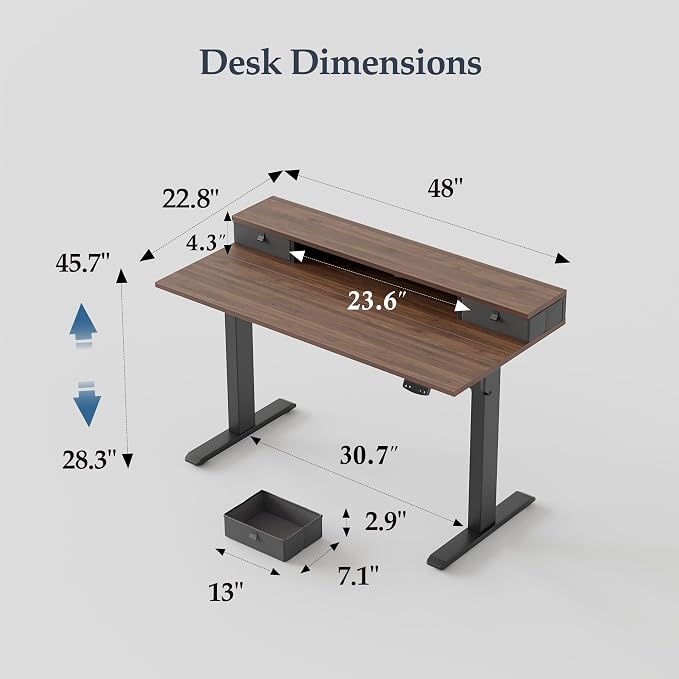 Klicelor 48 x23 Inch Electric Standing Desk with Drawers, Adjustable Height Small Sit Stand Desk for Home Office, Compact Computer Workstation with Storage– Dark Walnut