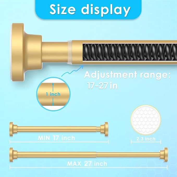 AIZESI Small Tension Rod 18 To 27 Inch，1 - Inch Diameter Gold Tension Curtain Rod Small Tension Rod No Drilling, Anti - Slip, Anti - Rust Short Tension Rod