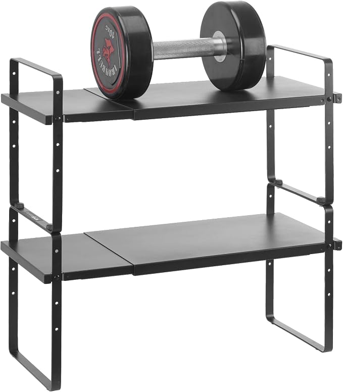 VEVOR Adjustable Kitchen Cabinet Shelf Organizer, Expandable 2 Tier Cabinet Shelf, Stackable Countertop Organizers and Storage Risers, Pantry for Kitchen Bathroom Office, Black