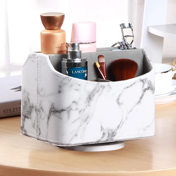 PUSU Leather 360°Rotatable Remote Control Holder,Nightstand TV Remote Caddy | Office Supplies Desktop Organizer,Spinning Storage Box for Pen,Mail,Phone,DVD, Blu-Ray, Media Player, Heater Controllers