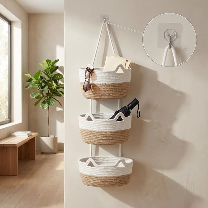 Hanging Basket, Woven 3 Tier Over Door Basket with 4 Hooks | Hanging Storage Basket for Door, Wall, Nursery, Bathroom, Bedroom, Decorative Over Door Basket with Cute Cat-Like Style