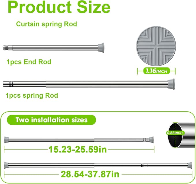 Small Tension Rods 2Pack 16-38Inch Silver Tension Curtain Rod Spring Rod Adjustable Curtain Rod No Drilling Curtain Rods for Windows Short Tension Rods for Doorway,Closet,Window